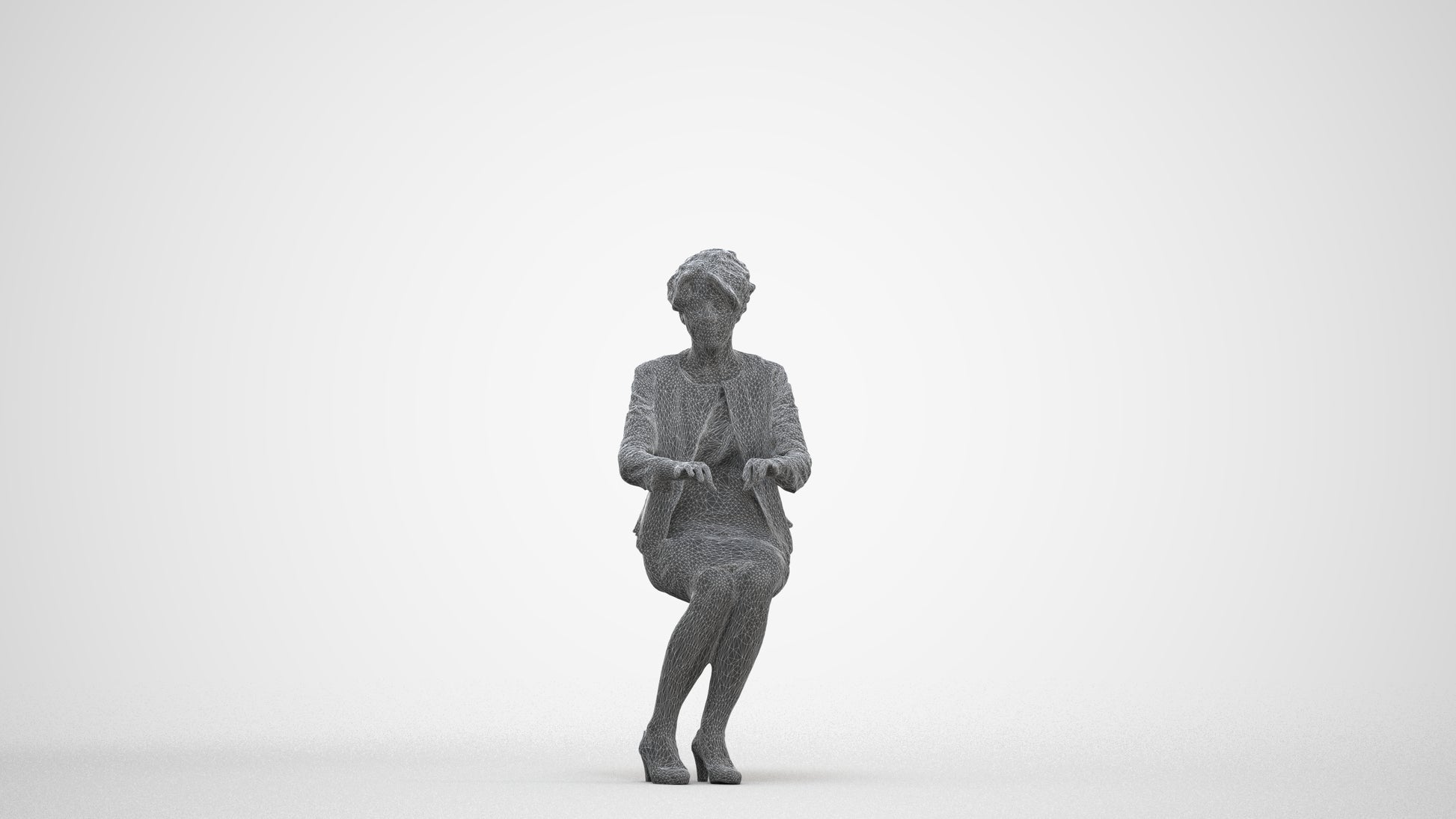 photogrammetry 3D woman business sitting, realistic human model archviz FBX, three-quarter front view render