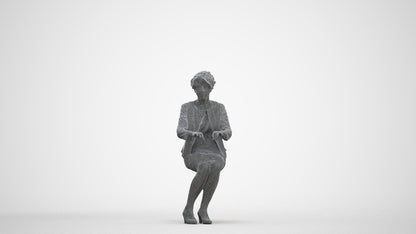 photogrammetry 3D woman business sitting, realistic human model archviz FBX, three-quarter front view render