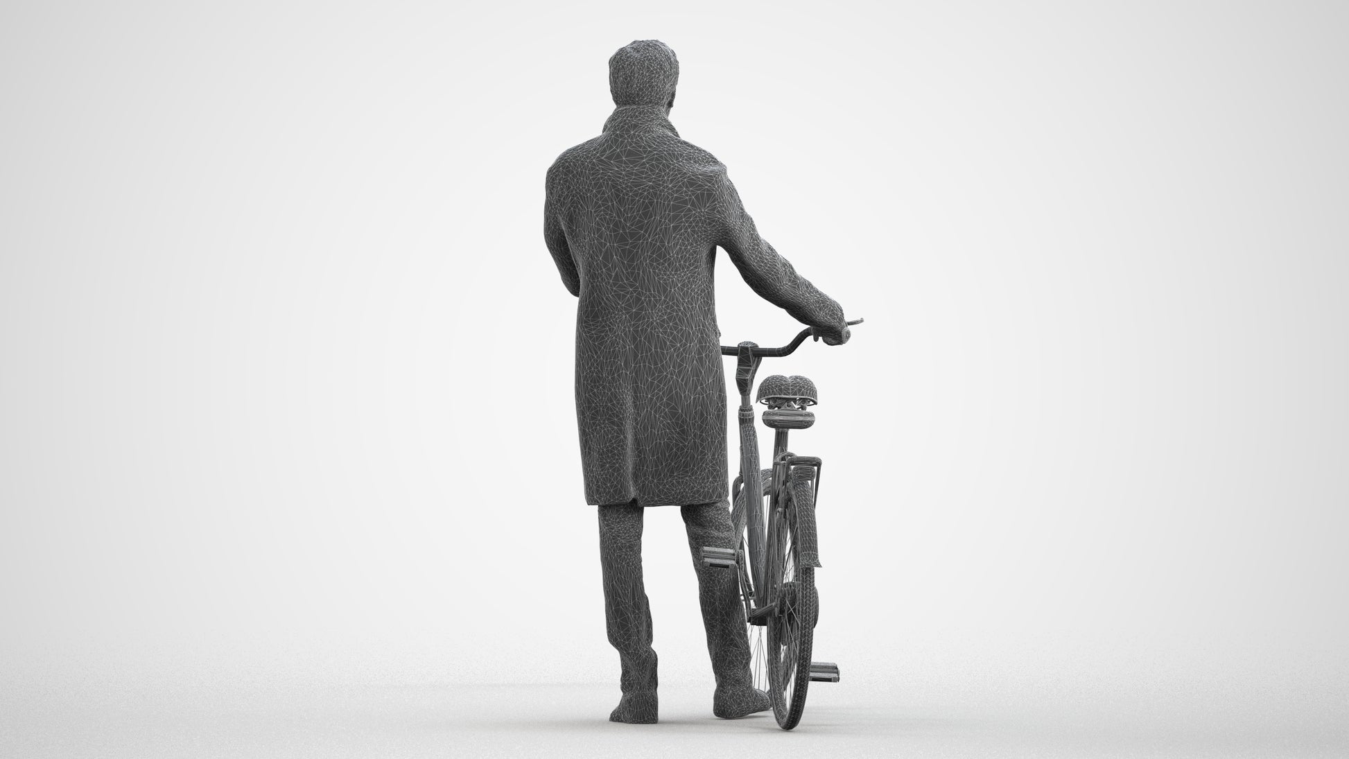 photogrammetry 3D man cycling, realistic human model archviz FBX, wireframe front view