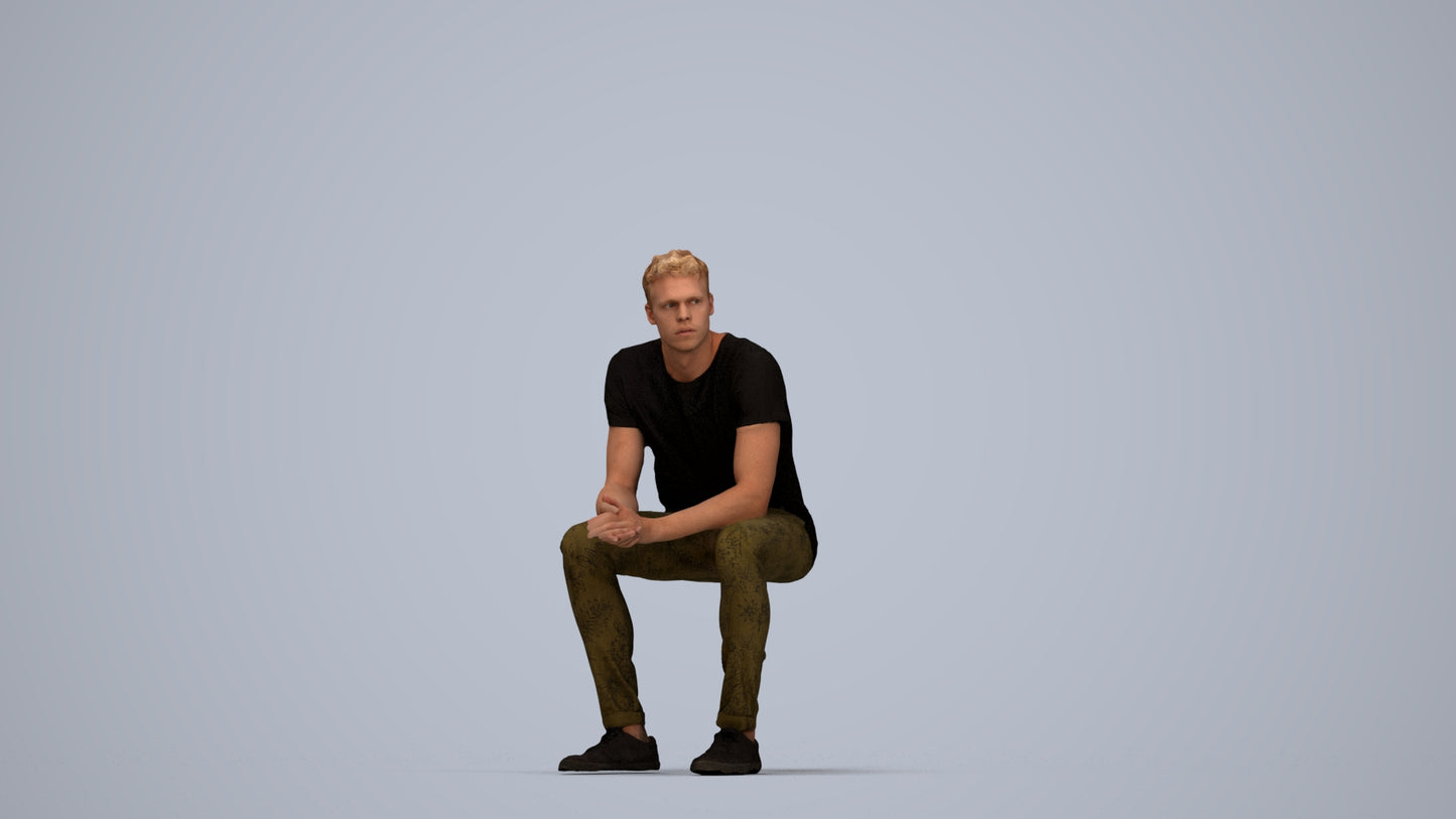 realistic 3D man casual sitting, scanned archviz people for Blender and 3ds Max, top-down view render