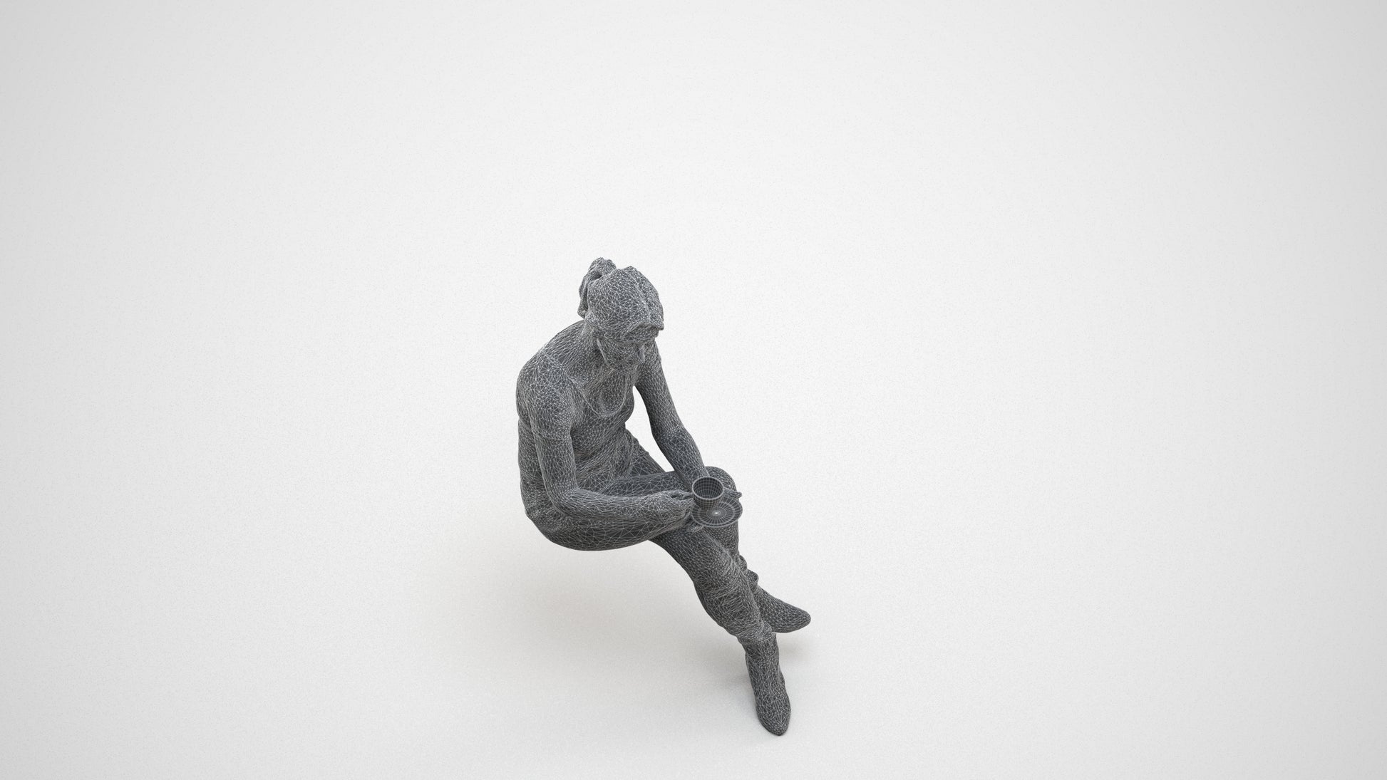 3D scanned senior woman sitting casual, photorealistic archviz people for Enscape and SketchUp, wireframe three-quarter view