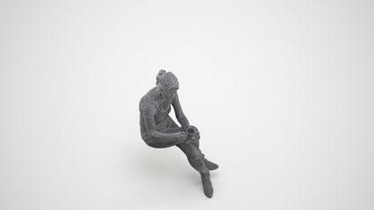 3D scanned senior woman sitting casual, photorealistic archviz people for Enscape and SketchUp, wireframe three-quarter view