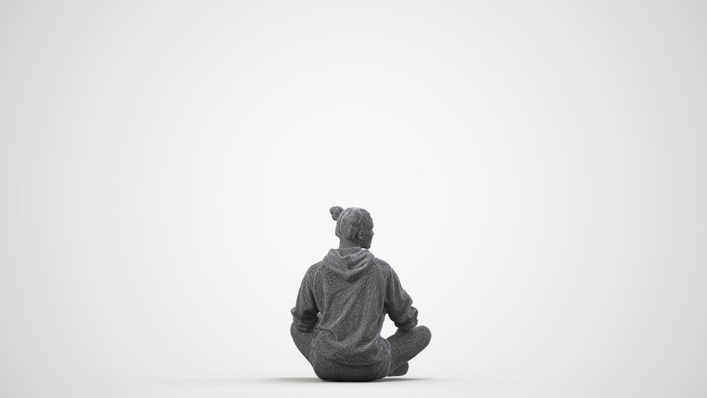photogrammetry 3D woman casual sitting, realistic human model archviz FBX, wireframe side view