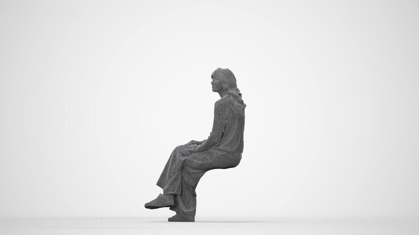 3D human model woman casual sitting, photogrammetry scanned person for archviz, wireframe back view