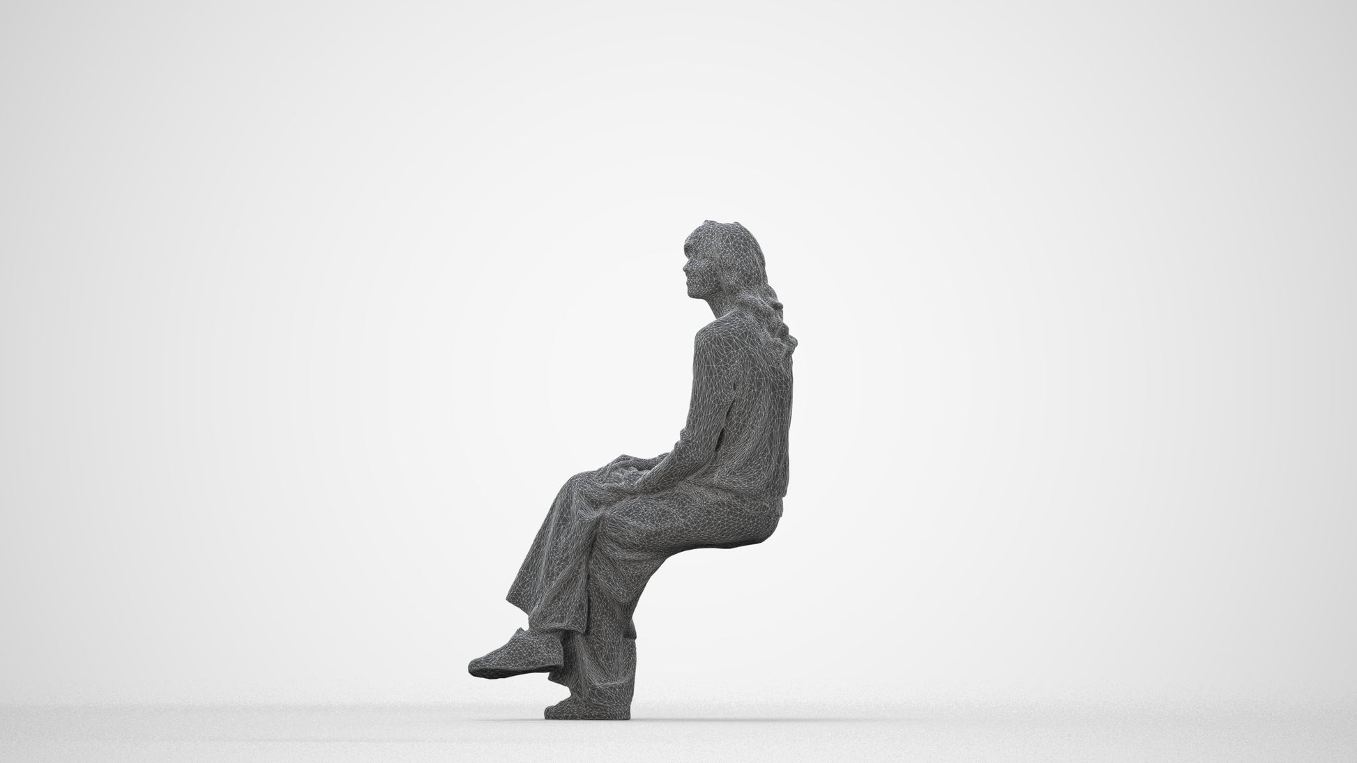 3D human model woman casual sitting, photogrammetry scanned person for archviz, wireframe back view
