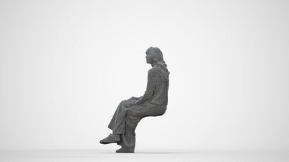 3D human model woman casual sitting, photogrammetry scanned person for archviz, wireframe back view