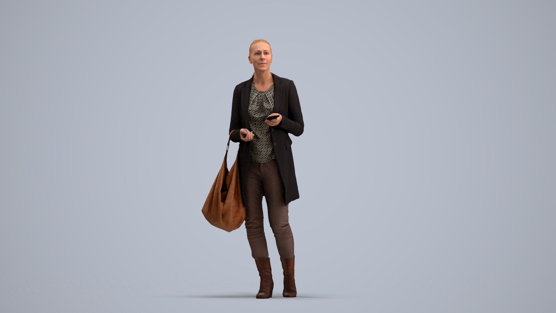 3D scanned woman walking business, photorealistic archviz people for Enscape and SketchUp, standing pose render