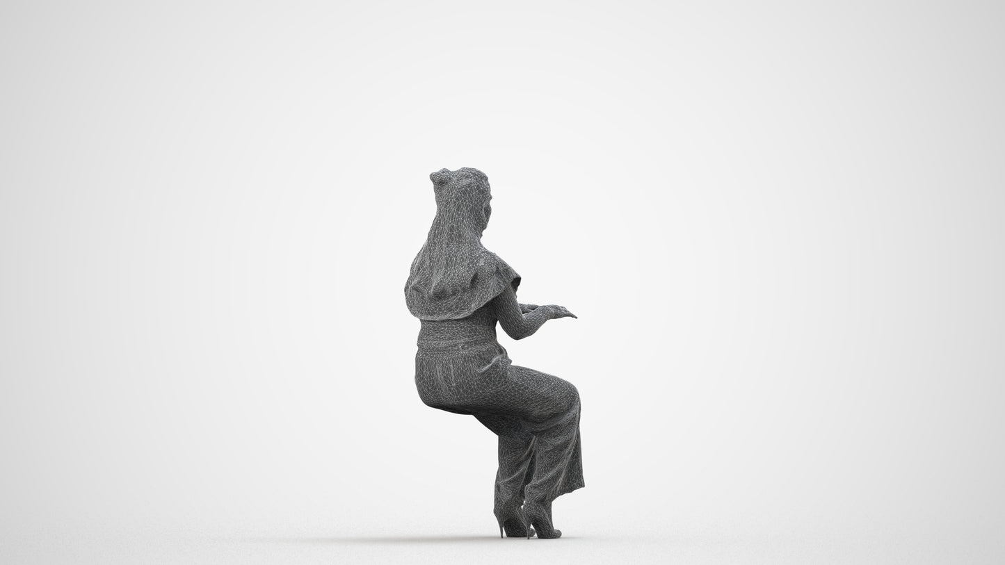 3D human model woman casual business, photogrammetry scanned person for archviz, wireframe side view