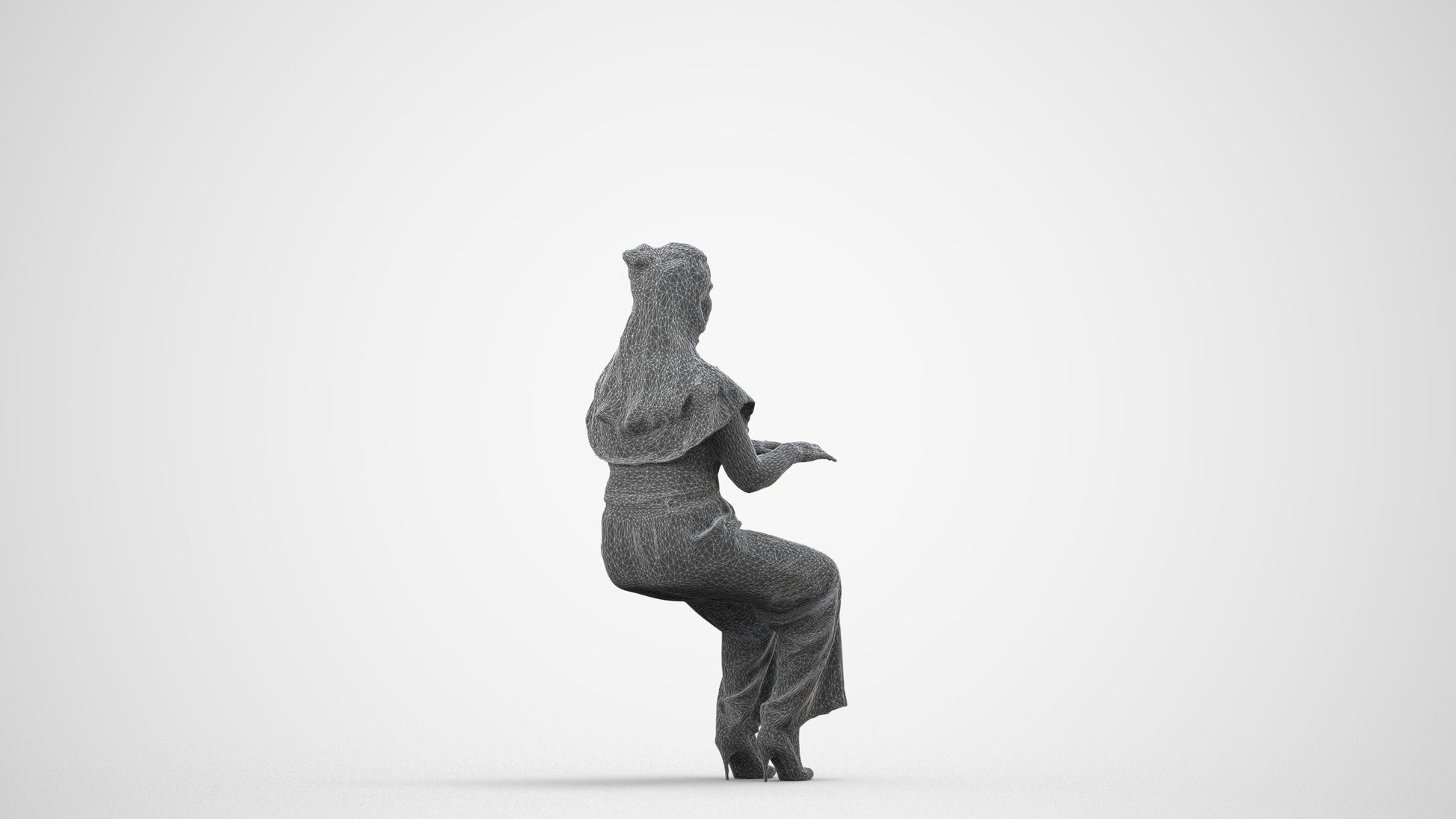 3D human model woman casual business, photogrammetry scanned person for archviz, wireframe side view