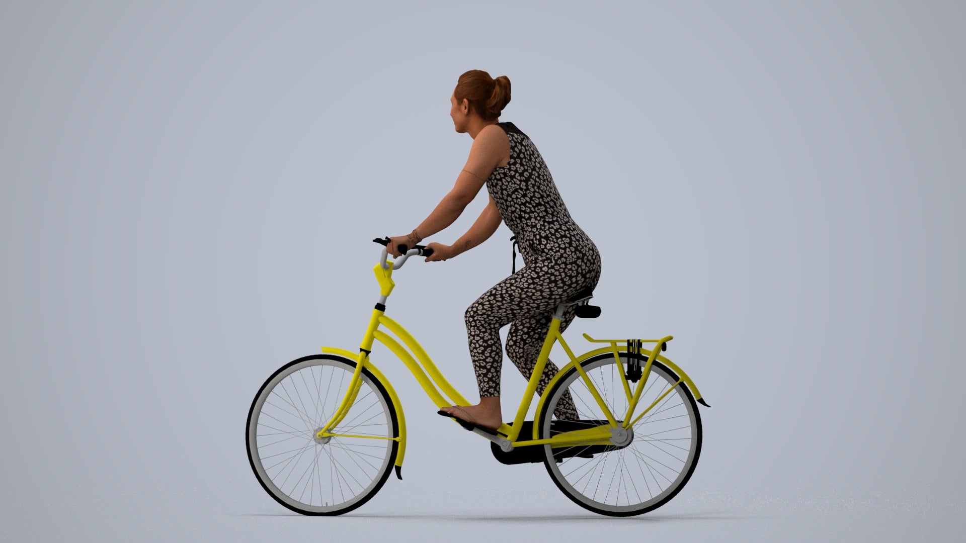 realistic 3D human woman casual cycling, archviz people FBX OBJ for Blender, three-quarter view render