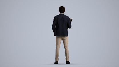 3D human model man business, photogrammetry scanned person for archviz, front view render