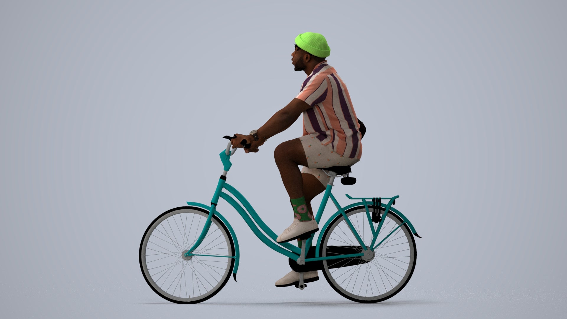 realistic 3D human man casual cycling, archviz people FBX OBJ for Blender, three-quarter view render
