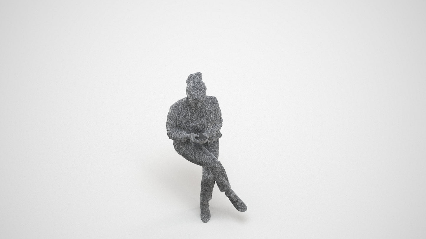 3D people model woman business sitting, scanned human for 3ds Max rendering, wireframe three-quarter view