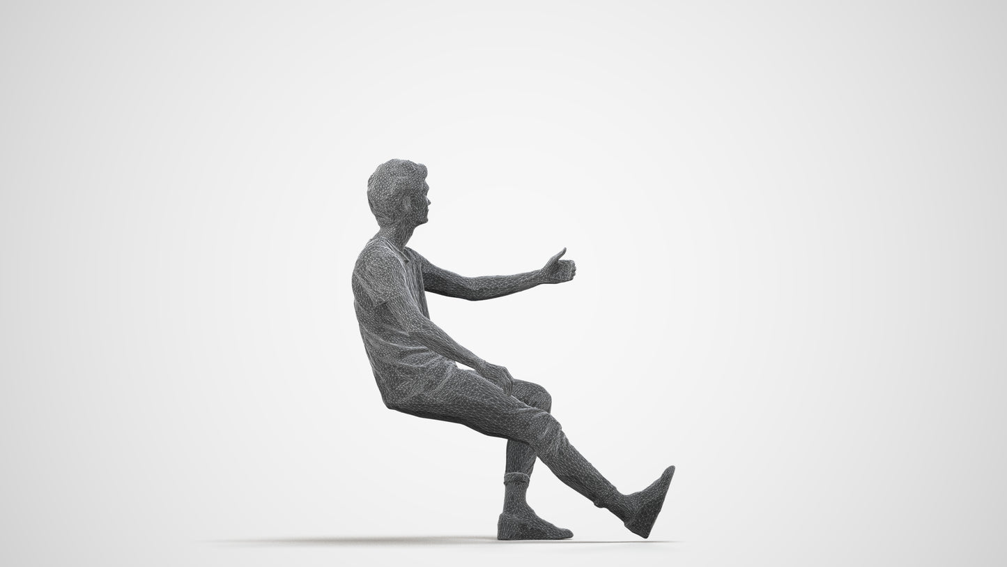 3D people model man casual sitting, scanned human for 3ds Max rendering, wireframe side view