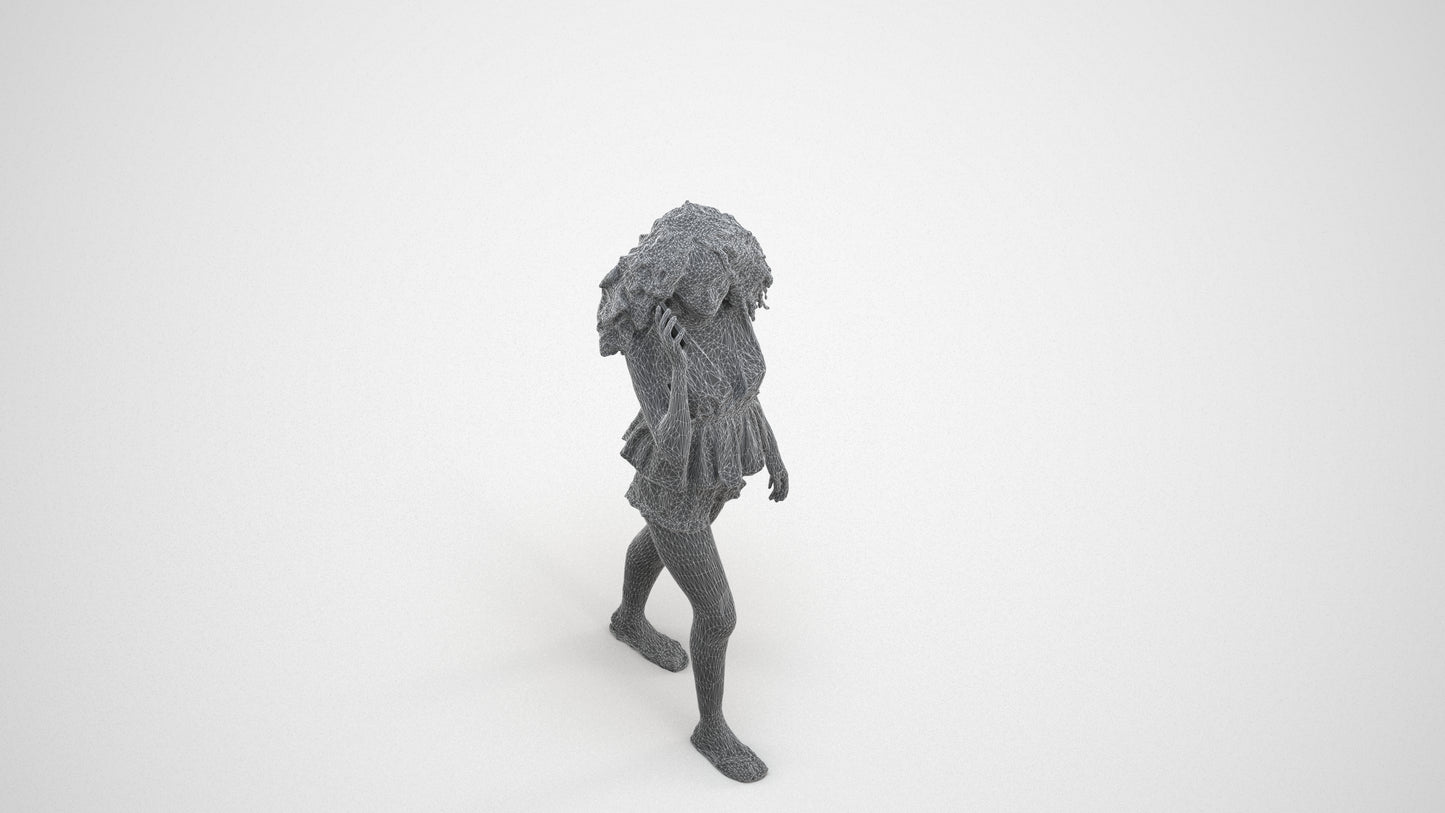 3D scanned woman walking casual, photorealistic archviz people for Enscape and SketchUp, wireframe three-quarter view