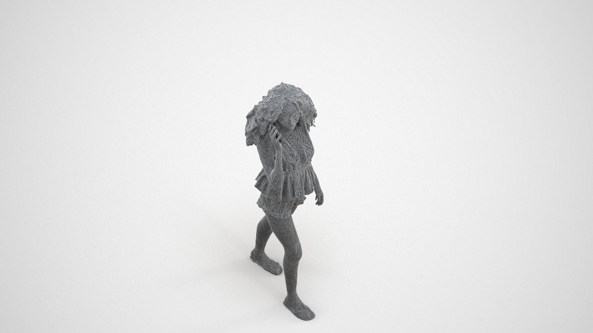 3D scanned woman walking casual, photorealistic archviz people for Enscape and SketchUp, wireframe three-quarter view