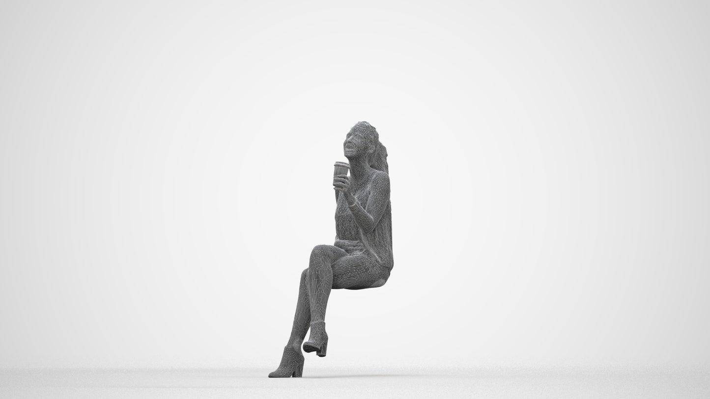 photogrammetry 3D girl casual sitting, realistic human model archviz FBX, wireframe back view