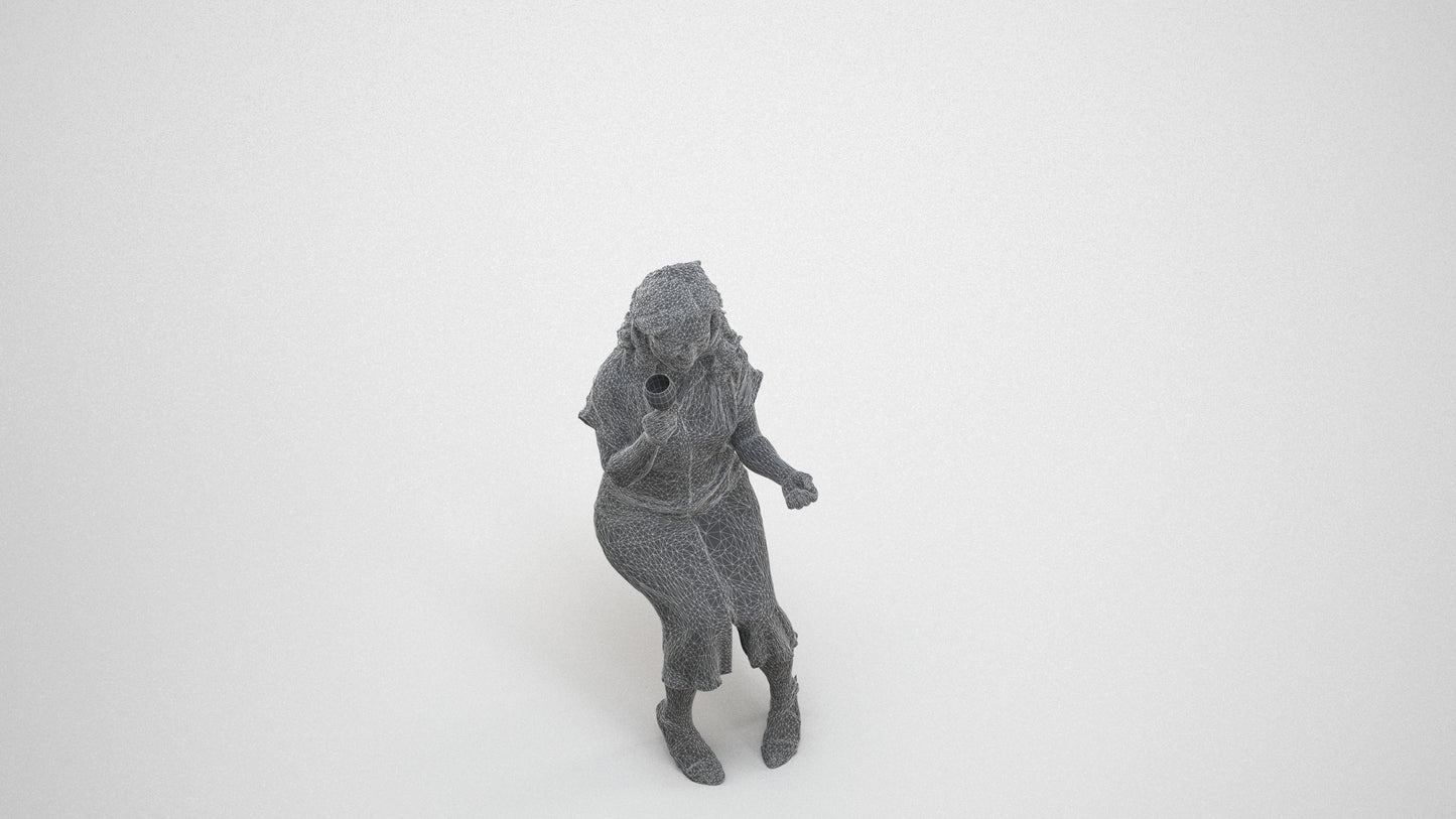 3D human model woman casual sitting, photogrammetry scanned person for archviz, wireframe three-quarter view