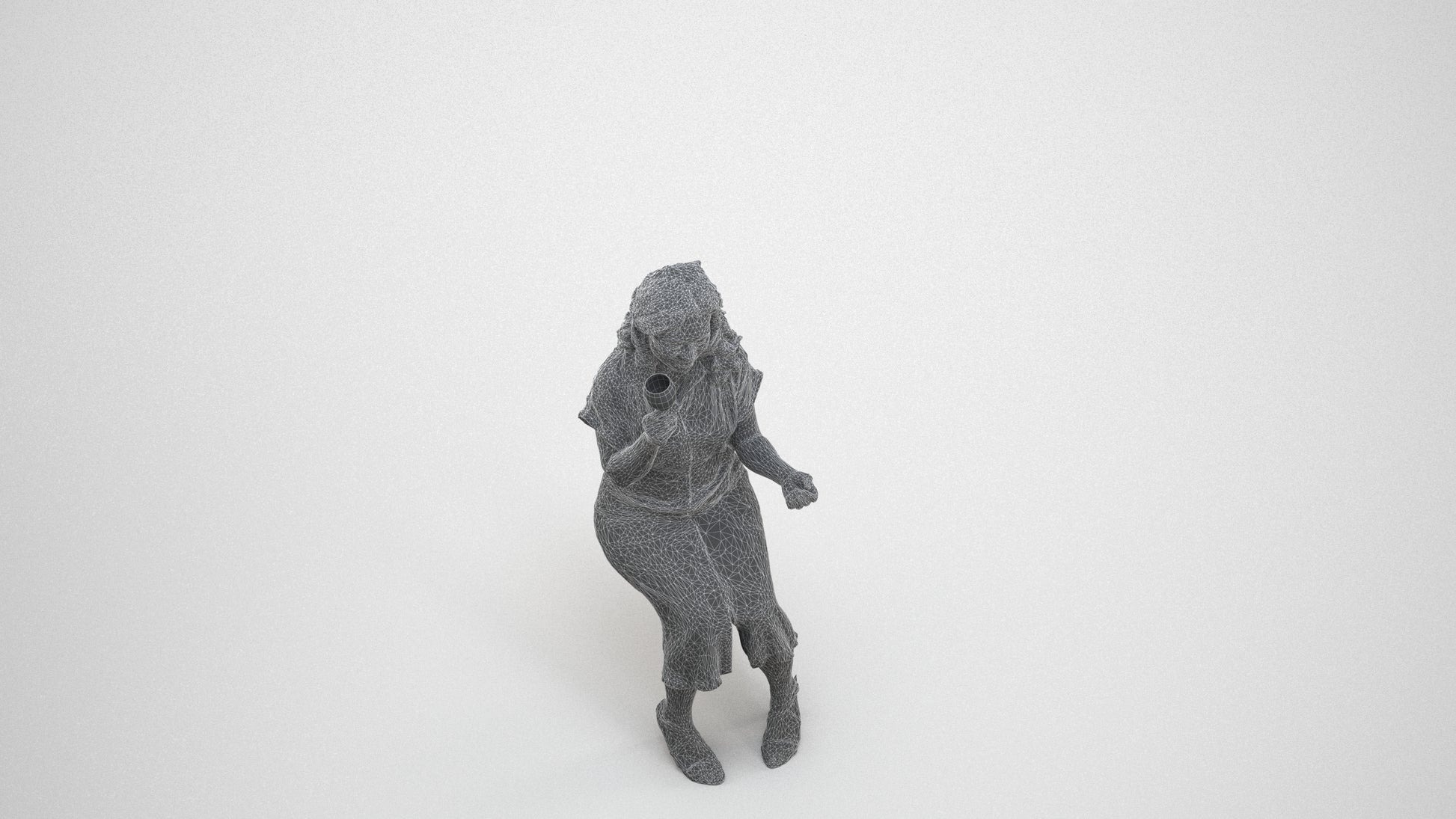 3D human model woman casual sitting, photogrammetry scanned person for archviz, wireframe three-quarter view