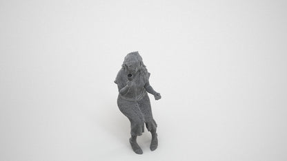 3D human model woman casual sitting, photogrammetry scanned person for archviz, wireframe three-quarter view