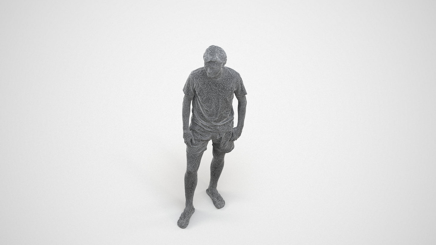 3D human model man casual standing, photogrammetry scanned person for archviz, wireframe three-quarter view