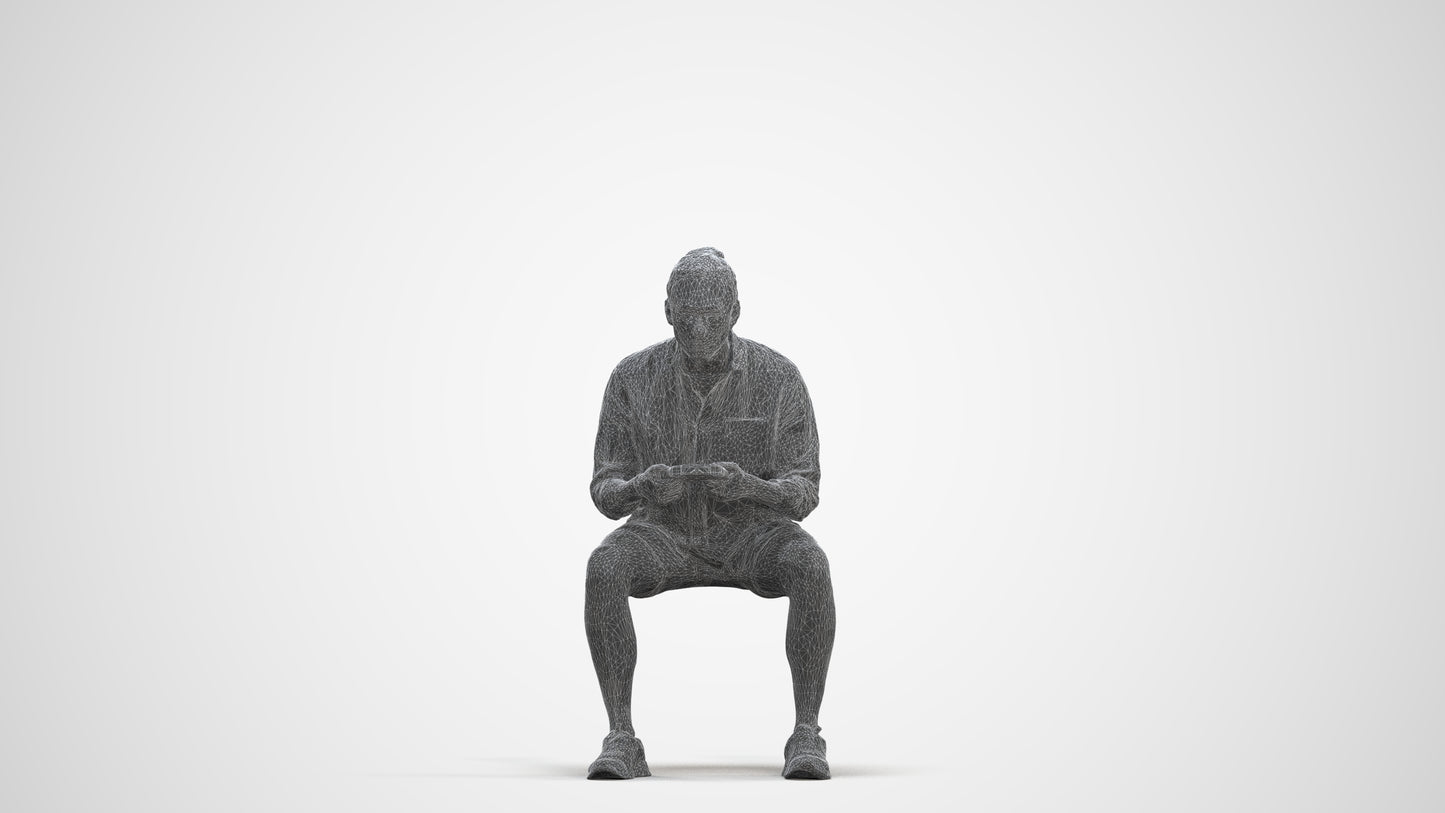 photogrammetry 3D man casual sitting, realistic human model archviz FBX, three-quarter front view render