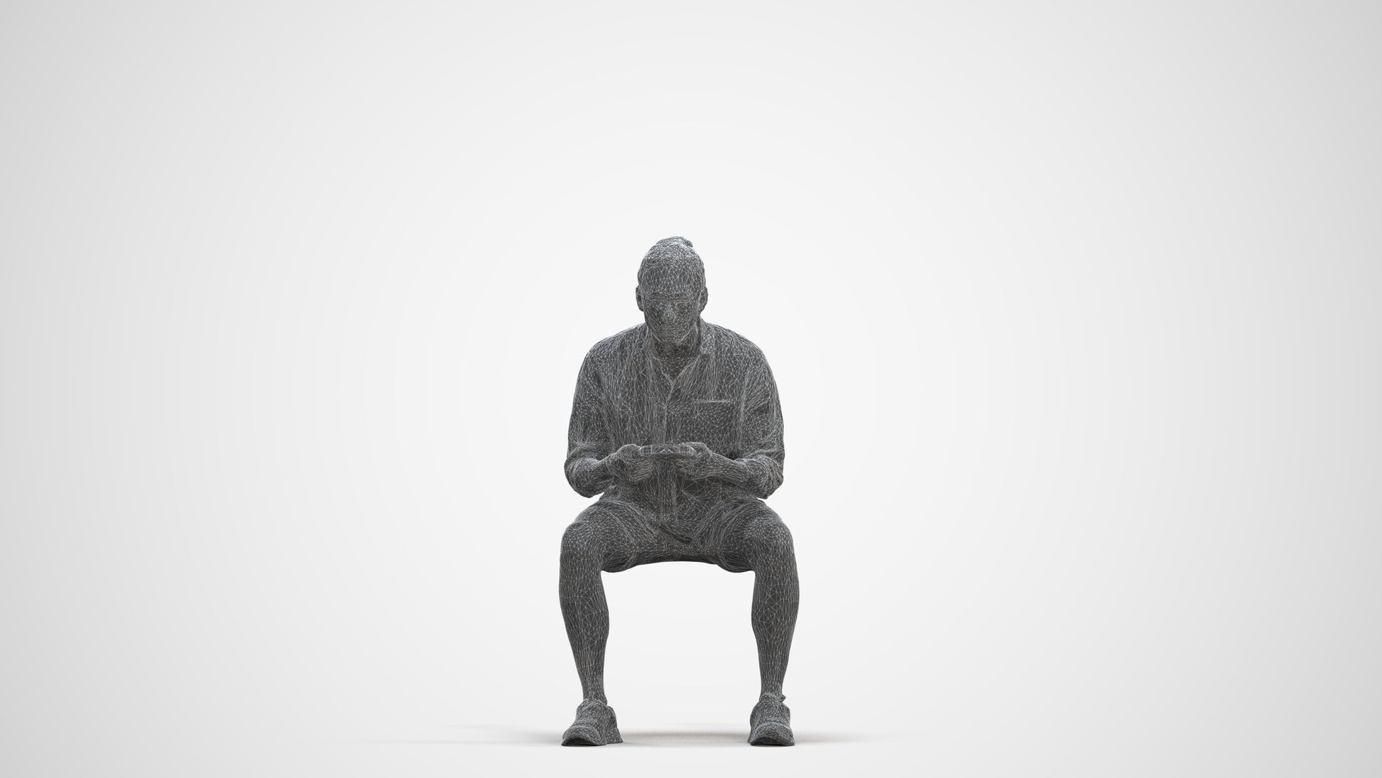 photogrammetry 3D man casual sitting, realistic human model archviz FBX, three-quarter front view render