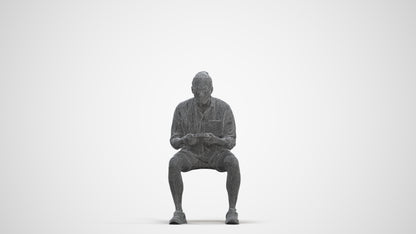 photogrammetry 3D man casual sitting, realistic human model archviz FBX, three-quarter front view render