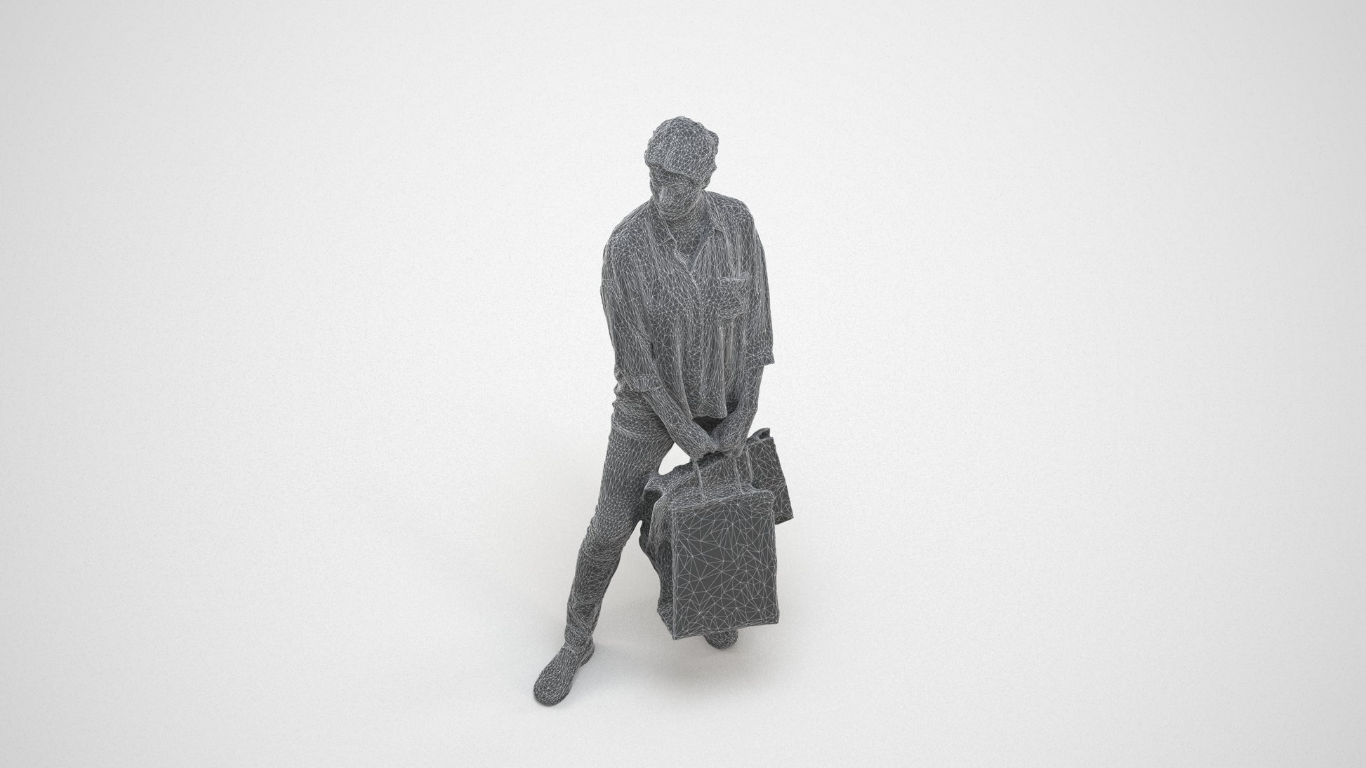 realistic 3D human woman casual shopping, archviz people FBX OBJ for Blender, wireframe three-quarter view