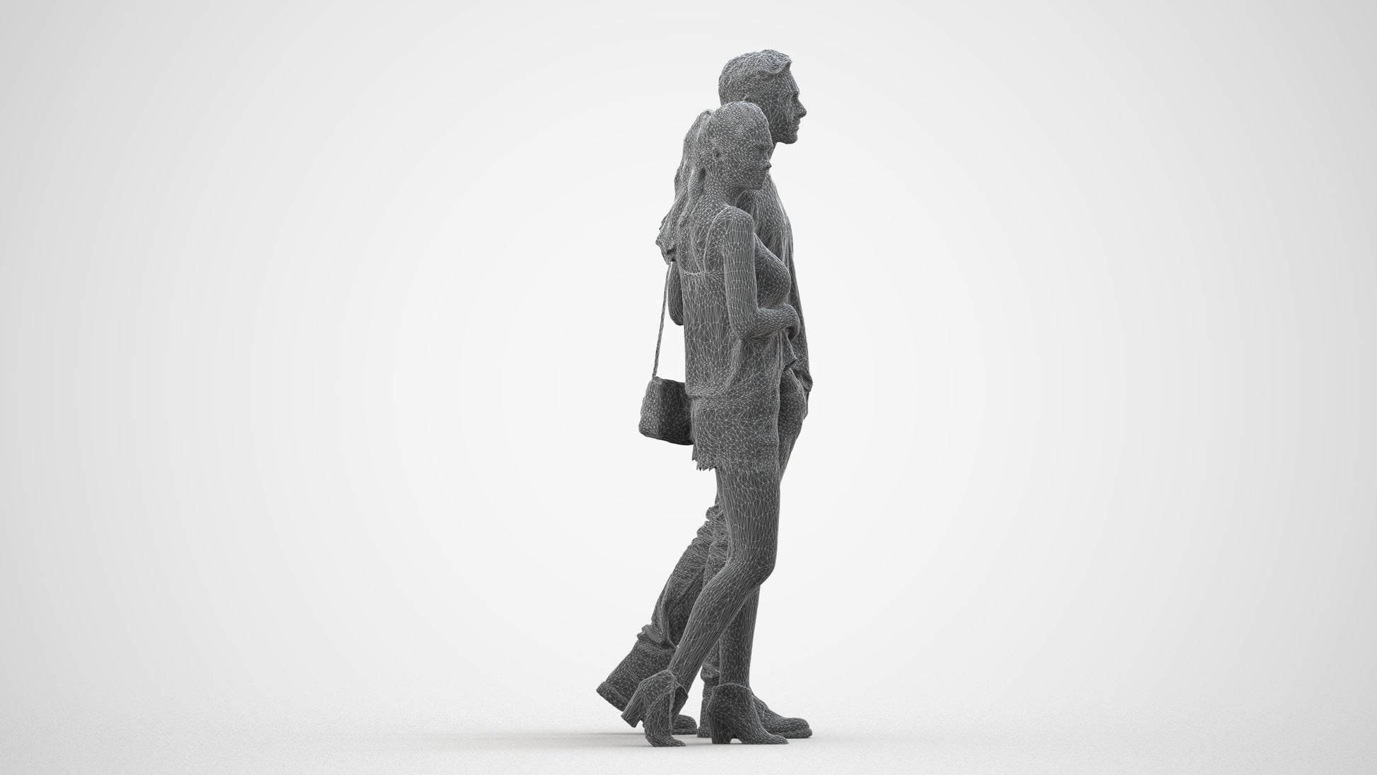 realistic 3D people woman casual couple, render-ready for V-Ray and Corona, FBX OBJ, wireframe side view