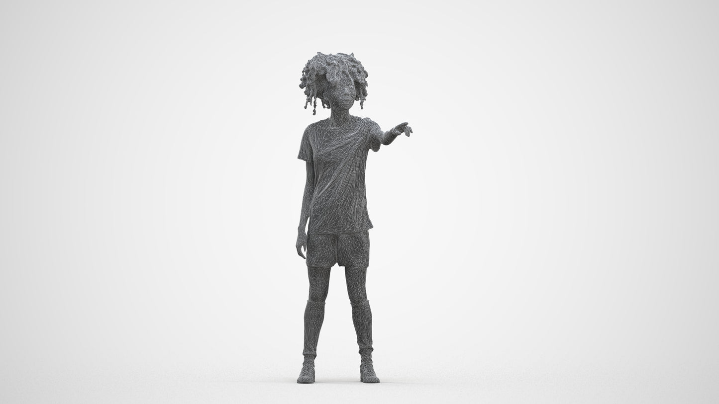 3D human model woman sport, photogrammetry scanned person for archviz, three-quarter front view render
