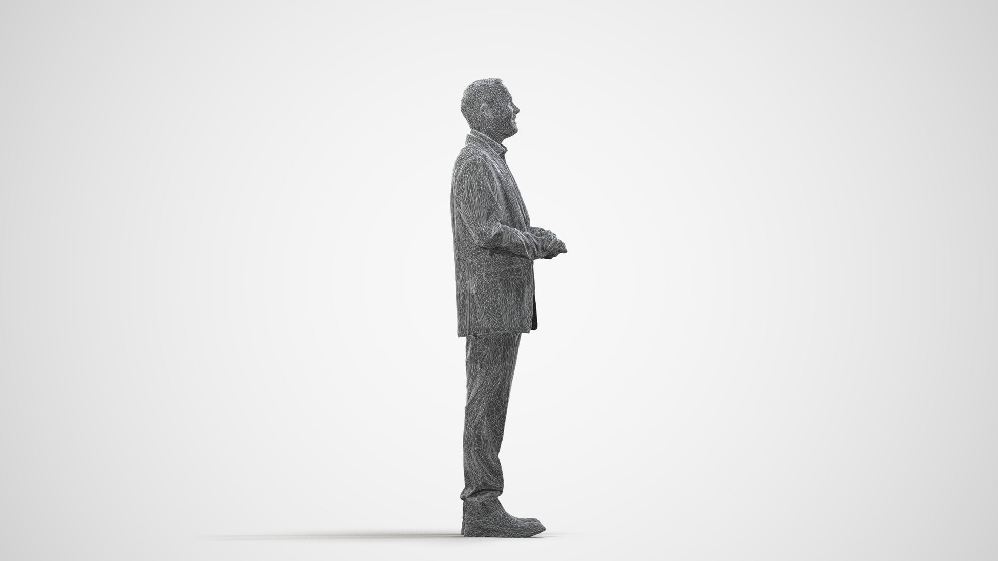 3D human model man business, photogrammetry scanned person for archviz, wireframe side view