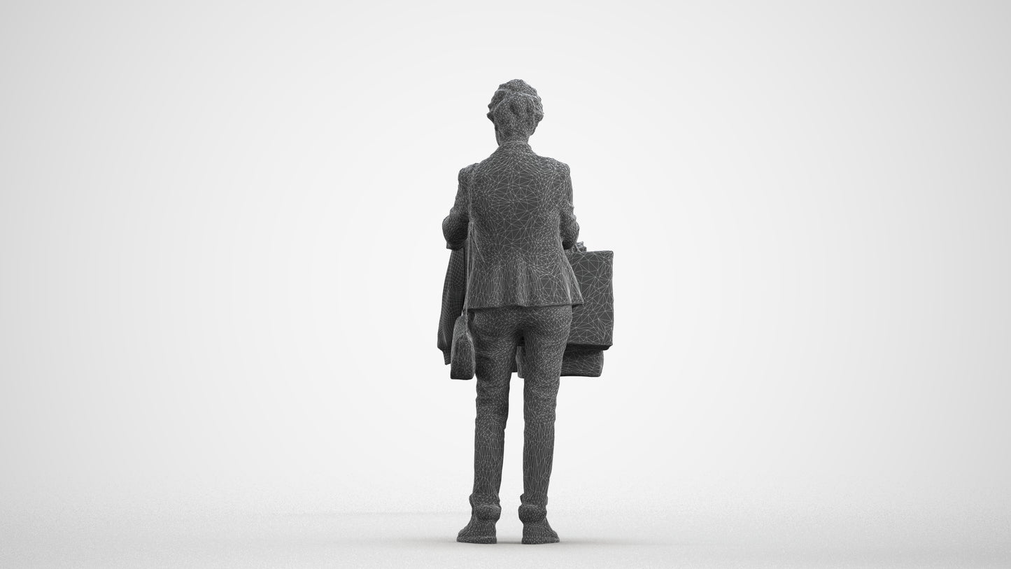 photogrammetry 3D senior woman business shopping, realistic human model archviz FBX, wireframe front view