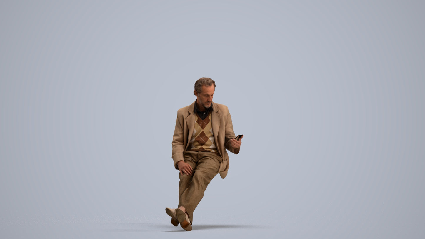 realistic 3D senior man business sitting, scanned archviz people for Blender and 3ds Max, standing pose render