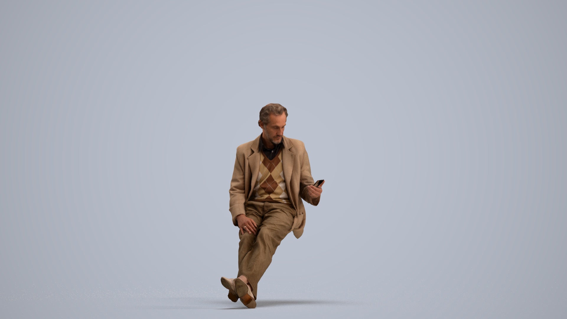 realistic 3D senior man business sitting, scanned archviz people for Blender and 3ds Max, standing pose render