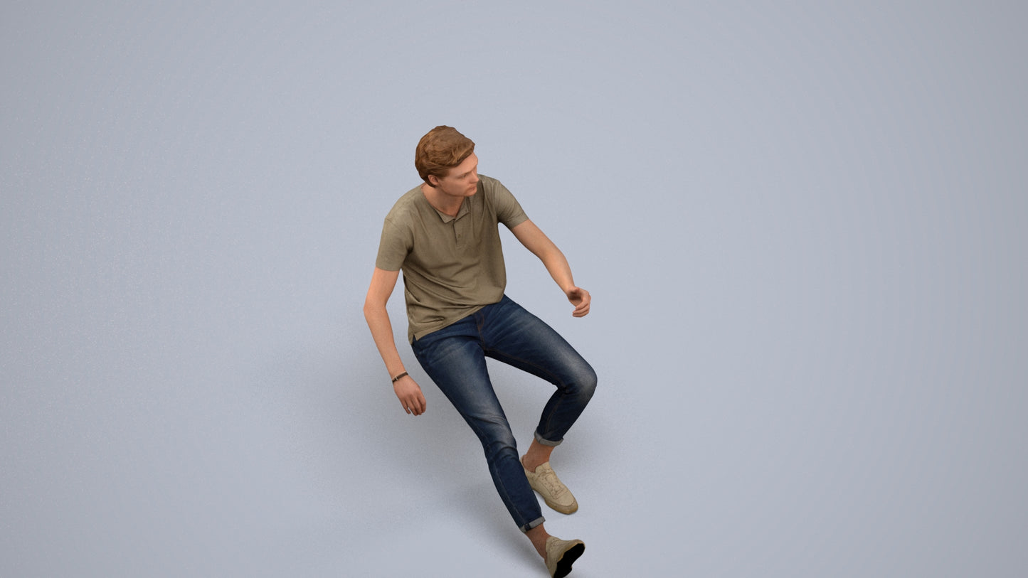 3D people model man casual sitting, scanned human for 3ds Max rendering, back view render