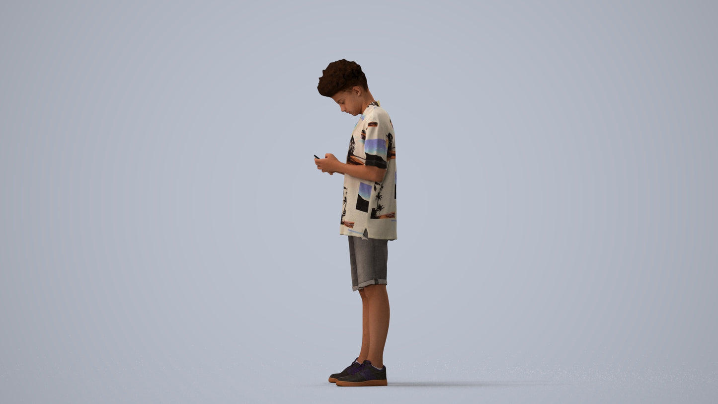 realistic 3D human boy casual kids, archviz people FBX OBJ for Blender, three-quarter view render
