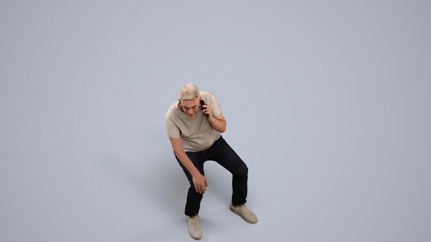 realistic 3D human senior man casual sitting, archviz people FBX OBJ for Blender, back view render