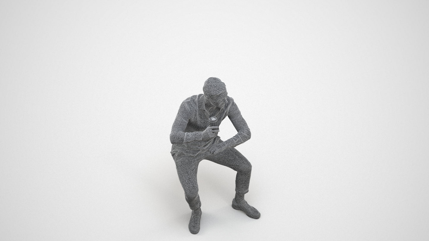 realistic 3D human man casual sitting, archviz people FBX OBJ for Blender, wireframe three-quarter view