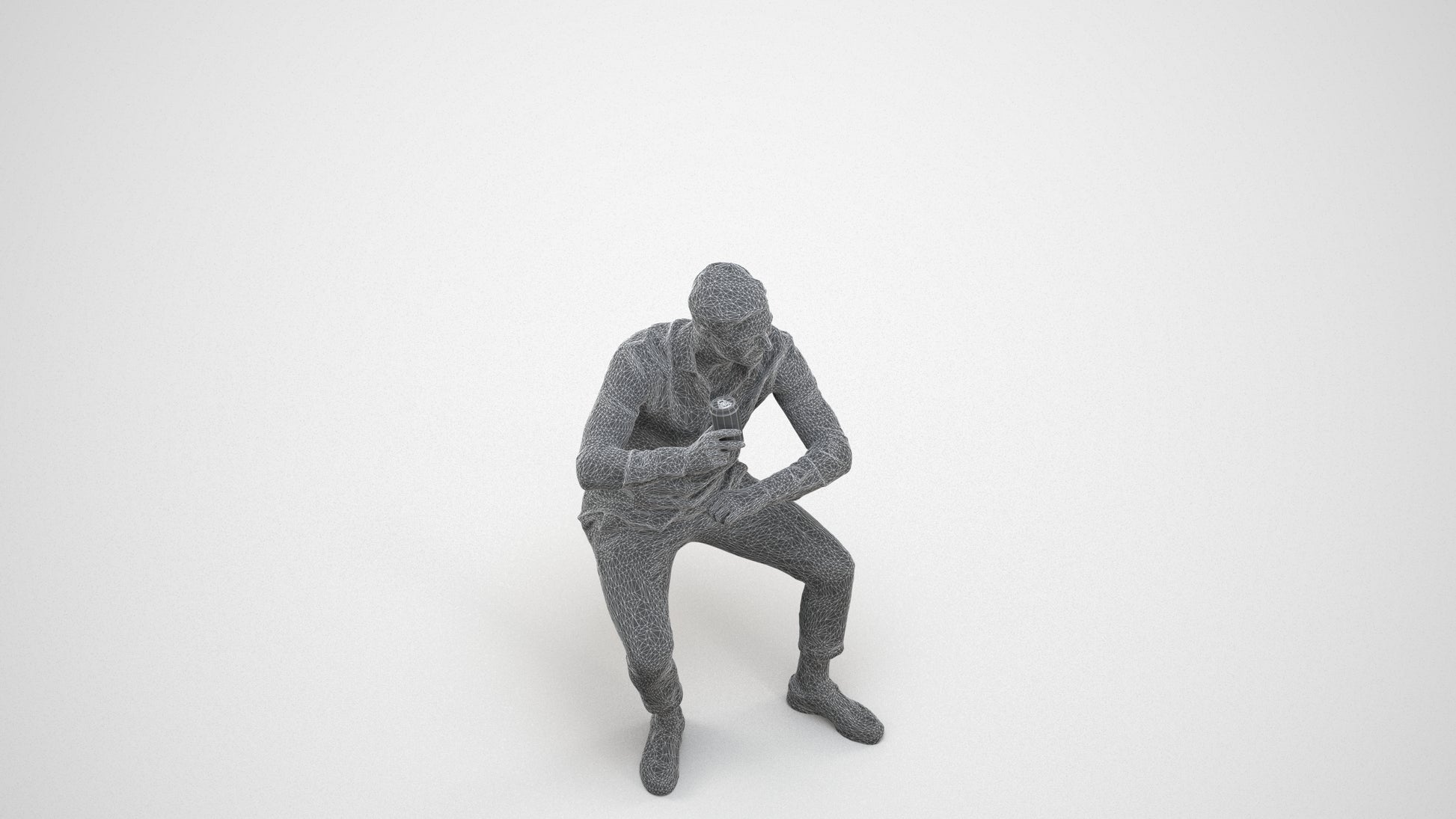 realistic 3D human man casual sitting, archviz people FBX OBJ for Blender, wireframe three-quarter view