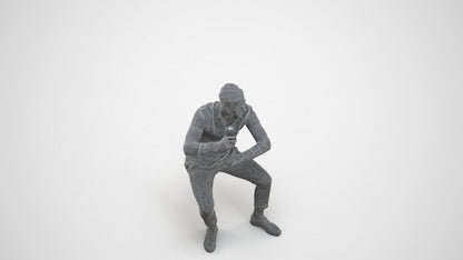 realistic 3D human man casual sitting, archviz people FBX OBJ for Blender, wireframe three-quarter view