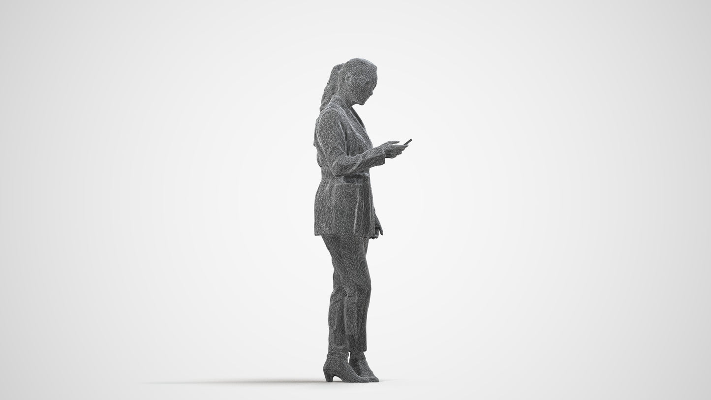 realistic 3D woman business standing, scanned archviz people for Blender and 3ds Max, wireframe side view