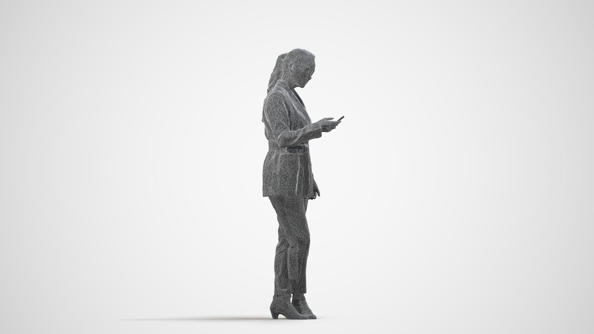 realistic 3D woman business standing, scanned archviz people for Blender and 3ds Max, wireframe side view