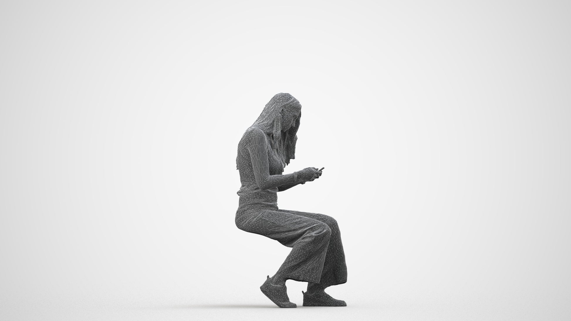 3D human model woman casual sitting, photogrammetry scanned person for archviz, wireframe side view