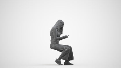 3D human model woman casual sitting, photogrammetry scanned person for archviz, wireframe side view