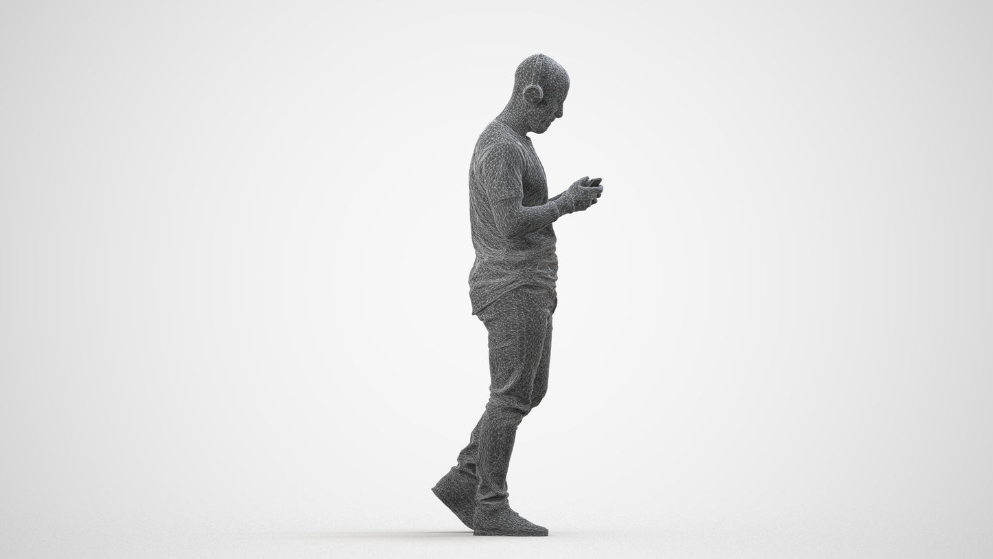 realistic 3D man casual standing, scanned archviz people for Blender and 3ds Max, wireframe side view