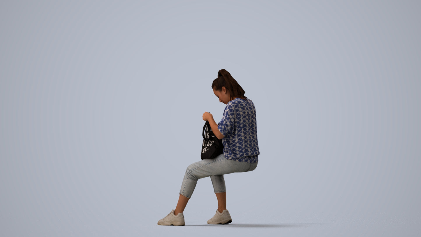 photogrammetry 3D woman casual sitting, realistic human model archviz FBX, three-quarter view render