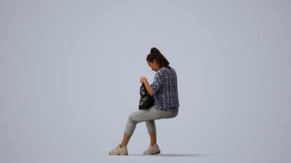 photogrammetry 3D woman casual sitting, realistic human model archviz FBX, three-quarter view render