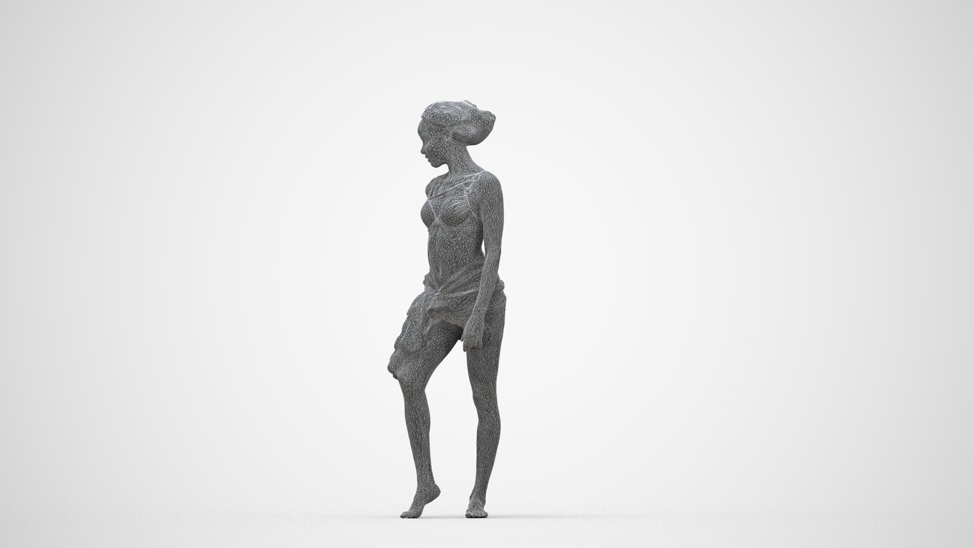 3D human model woman pool, photogrammetry scanned person for archviz, wireframe back view