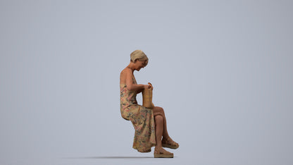 3D human model senior woman sitting, photogrammetry scanned person for archviz, side view render